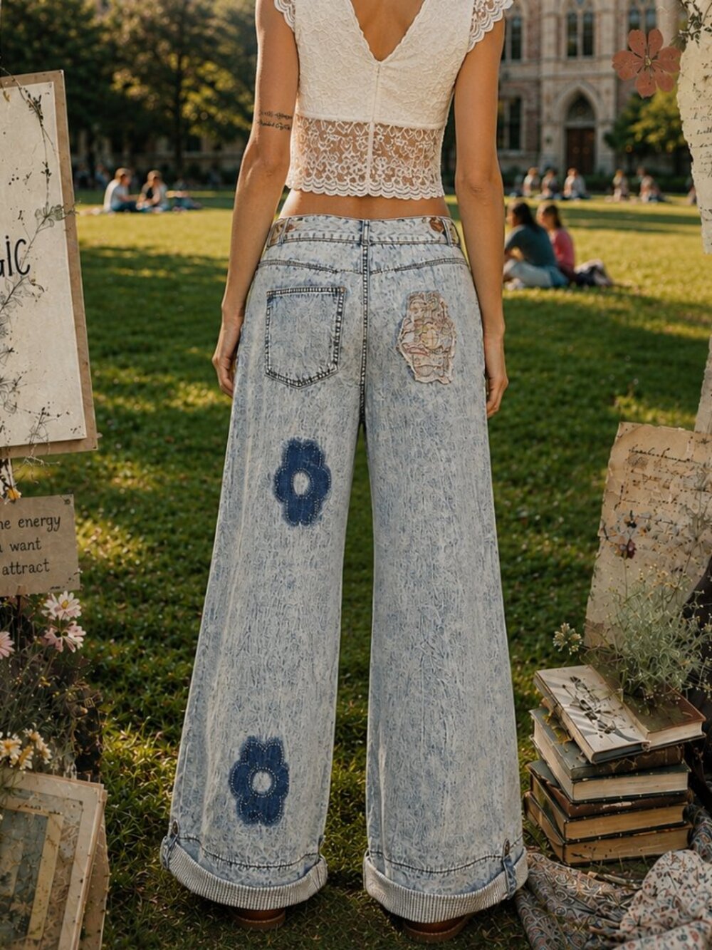 POL Boho Vintage 70s Floral Flower Patch Baggy Flowy Wide Leg Denim Jeans NWT - Picture 4 of 13